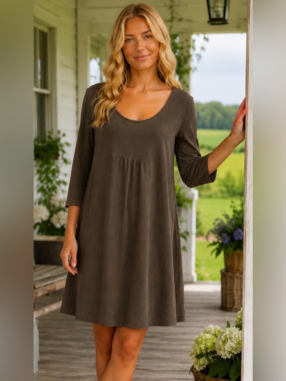 Pure Jill Brown Pima Cotton Tencel Swing Dress M 3/4 Sleeve Casual Midi Soft